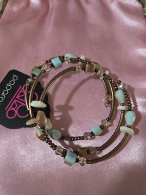 paparazzi Mint, Gold & Pink Beaded Coil Bracelet